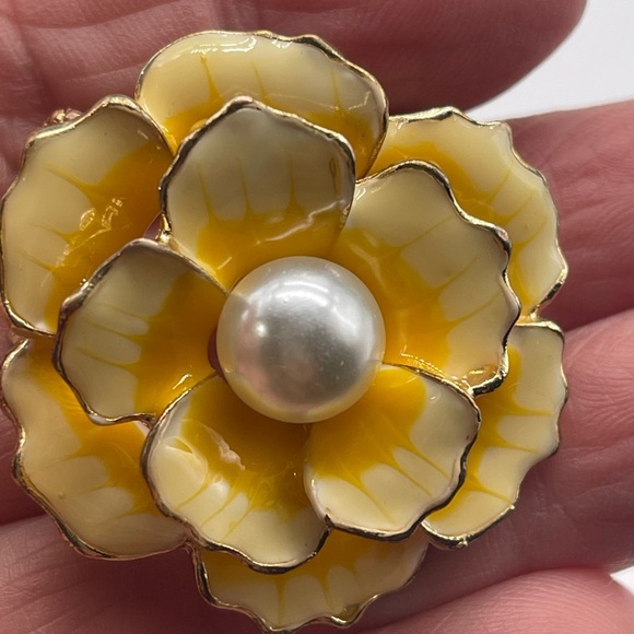 bj China Jewelry - Vintage BJ Pendant/Brooch Yellow Flower with 26” Original Chain, Gold Tone